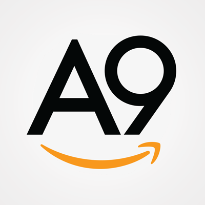 Logo de A9, el algoritmo de Amazon, en fondo gris y letras negras.